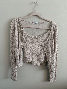 Pink Rose Beige & Blush Leopard Crop Top with Matching Cardigan